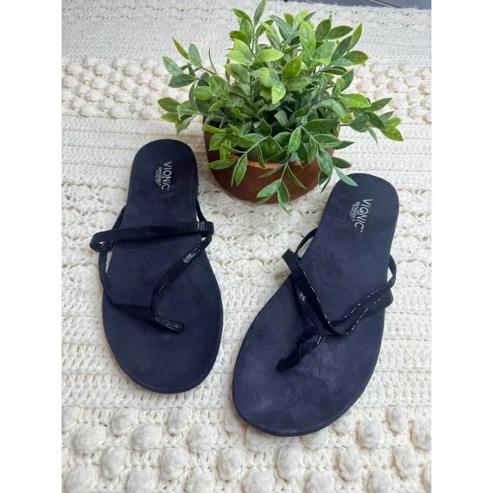 VIONIC ORTHAHEEL Women's 10 Minimal Flip Flop Strappy Sandal Shoes Black Suede
